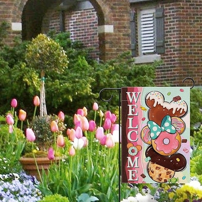 Welcome Cute Donuts Decorative Garden Flag, Pink Sweet Doughnut Chocolate Candy Yard Outside Decorations, Funny Burlap Outdoor Small Home Decor Double Sided 12 x 18