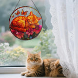 Cat Pattern Suncatcher Stained Glass for Kitty Lovers, Stain Glass Windows Hanging 9.8'' Painted Sun Catcher Hangings Sleeping Cat Home Decor Gift for Women