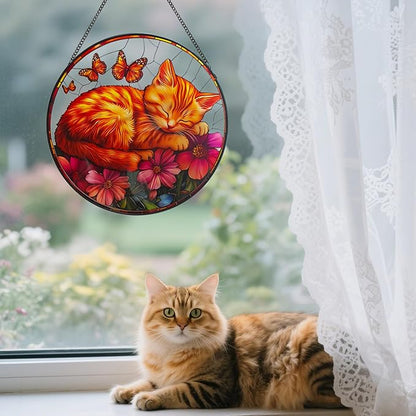 Cat Pattern Suncatcher Stained Glass for Kitty Lovers, Stain Glass Windows Hanging 9.8'' Painted Sun Catcher Hangings Sleeping Cat Home Decor Gift for Women