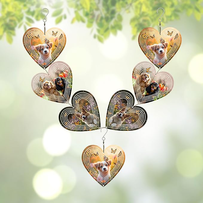 Wind Spinners Outdoor, Bird Repellent，3D Hearts Dog Pattern Hanging, 15 inches, Kinetic, Stainless-Steel Metal, Indoor and Outdoor Decoration for Garden, Patio, Yard, Gift for Women Mom Wife.