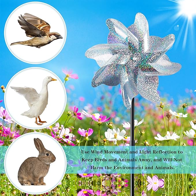 NOVWANG 6 PCS Reflective Pinwheels with Stakes, Extra Sparkly Pin Wheel for Garden Yard Decor, Bird and Animal Deterrent Device to Scare Birds Away from Patio Farm