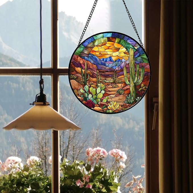 Stained Glass Window Hanging Cactus Mountains Landscape 7.8" - Suncatcher Door Garden Sunroom Sun Catcher Home Decor Birthday Christmas for Mom Men Woman Nana