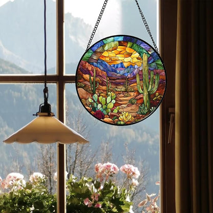 Stained Glass Window Hanging Cactus Mountains Landscape 9.8" - Suncatcher Door Garden Sunroom Sun Catcher Home Decor Birthday Christmas for Mom Men Woman Nana