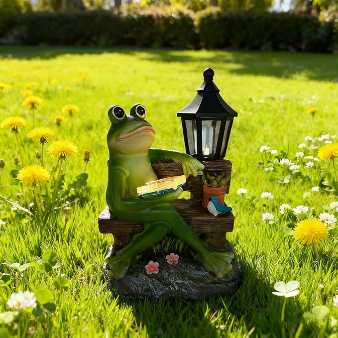 Reading Frog Solar Garden Statue with Lantern Light - Outdoor Decorative Resin Sculpture, Weather-Resistant LED Solar Figurine, for Yard, Patio, Garden Path, Porch Ambience Lighting Decor