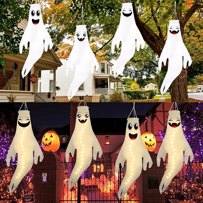 Geefuun 4PCS Warm Light Halloween Cute Ghost Windsocks Hanging Decorations - 43 Inch Flag Wind Socks for Home Yard Outdoor Decor Party Supplies (Batteries Not Included,No Timer)