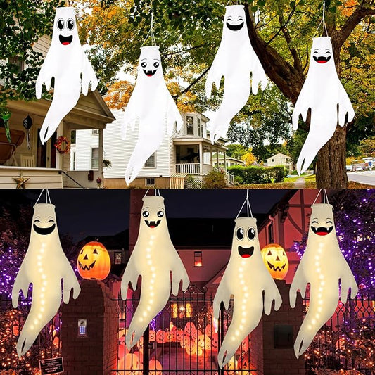 Geefuun 4PCS Warm Light Halloween Cute Ghost Windsocks Hanging Decorations - 43 Inch Flag Wind Socks for Home Yard Outdoor Decor Party Supplies (Batteries Not Included,No Timer)