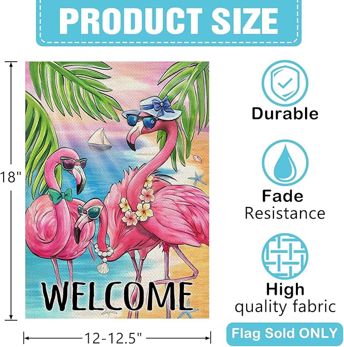 Dyrenson Welcome Summer Flamingo Decorative Garden Flag, Beach Coastal Tropical Palm Leaves Yard Outside Home Decoration, Hawaii Nautical Seasonal Burlap Outdoor Small Decor Double Sided 12 x 18