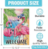 Dyrenson Welcome Summer Flamingo Decorative Garden Flag, Beach Coastal Tropical Palm Leaves Yard Outside Home Decoration, Hawaii Nautical Seasonal Burlap Outdoor Small Decor Double Sided 12 x 18