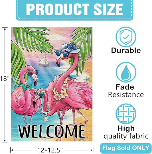 Dyrenson Welcome Summer Flamingo Decorative Garden Flag, Beach Coastal Tropical Palm Leaves Yard Outside Home Decoration, Hawaii Nautical Seasonal Burlap Outdoor Small Decor Double Sided 12 x 18