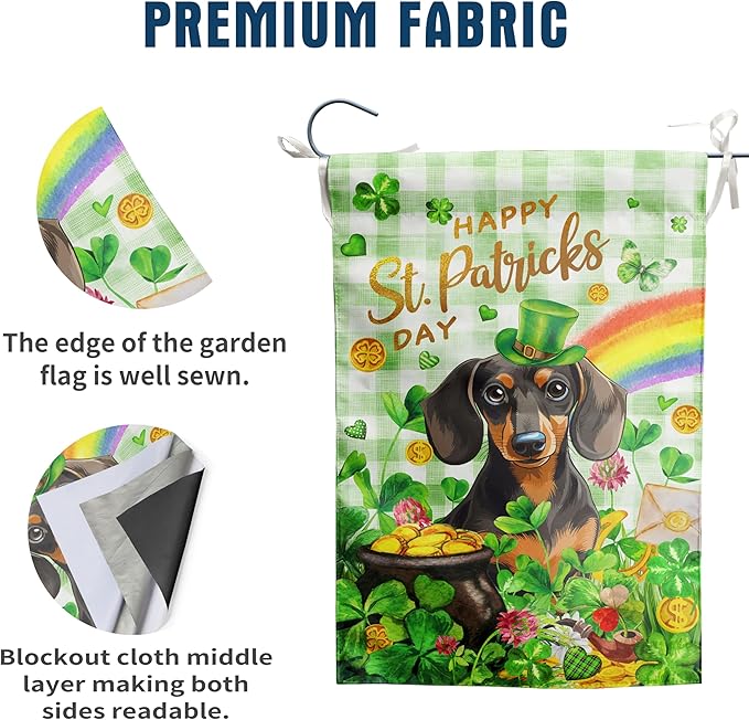 Dachshund St Patricks Day Garden Flag Dog St Patrick's Day Yard Flags for Outside 12x18 Double Sided Buffalo Plaid Shamrock Flag Small Outdoor Rainbow St Patrick's Decor