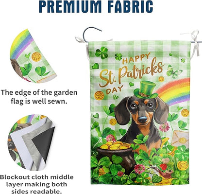 Dachshund St Patricks Day Garden Flag Dog St Patrick's Day Yard Flags for Outside 12x18 Double Sided Buffalo Plaid Shamrock Flag Small Outdoor Rainbow St Patrick's Decor