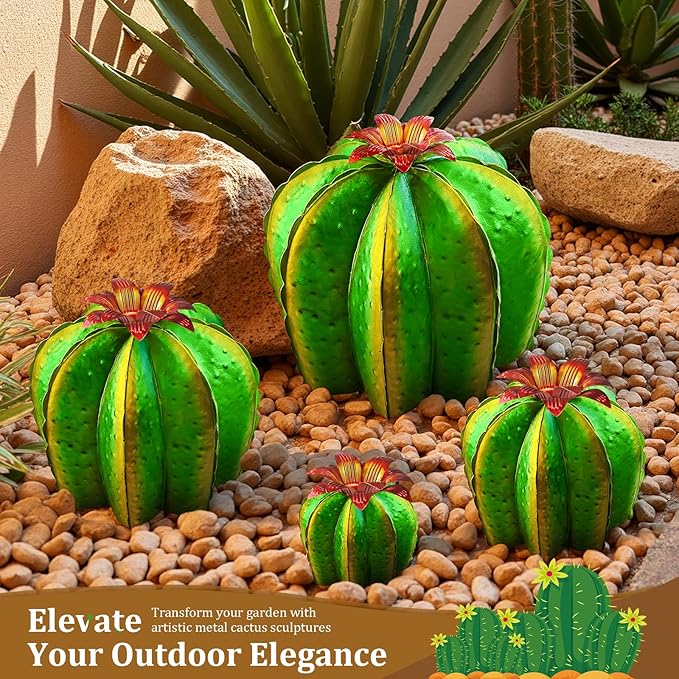 Metal Cactus Yard Art Set of 4 - Hand Painted Barrel Cactus Garden Decor, Metal Cactus Sculptures for Outdoor Patio Lawn, Mexican Style Desert Garden Statues, Housewarming Gift (5"-12.6")