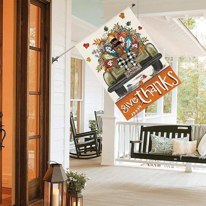 AVOIN colorlife Give Thanks Thanksgiving House Flag 28x40 Inch Double Sided Outside, Gobble Turkey Truck Rustic Yard Outdoor Flag