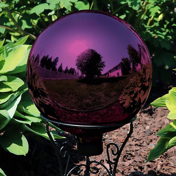 Sunnydaze 10-Inch Gazing Ball for Garden - Glass Gazing Globe with Mirrored Stainless Steel Finish - Merlot - Set of 2