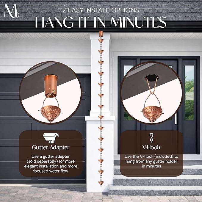 Monarch Rain Chains Pure Copper Eastern Cups Rain Chains for Gutters – 8.5 ft Decorative Rainchain Outdoor Durable Heavy Duty Gutter Chain Downspout Replacement, Modern Rainchains for Outside