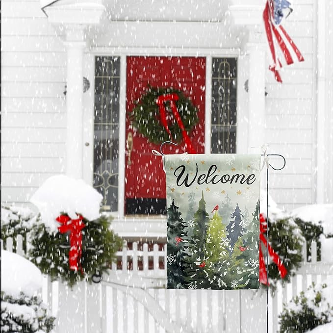 Welcome Winter House Flags Snowy Forest Pine Tree Garden Flag Cardinal Birds Yard Flag Large Christmas Outdoor Flags 28x40 Double Sided for Outside Farmhouse Lawn Decor