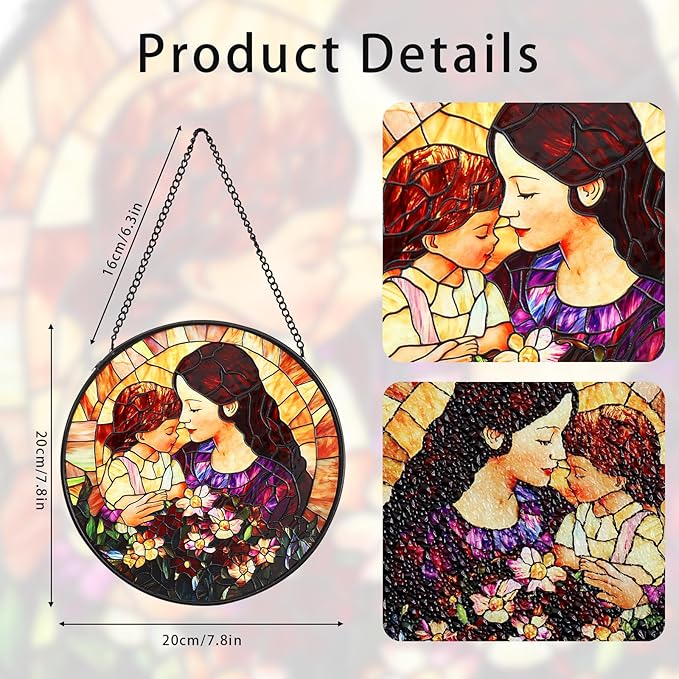 Mom Stained Glass Window Hanging Suncatcher 7.8 Inch Sun Catcher Colorful Glass Panel Gift for Mom Sun Catcher Wall Art Home Decoration for Birthday Garden Window Home