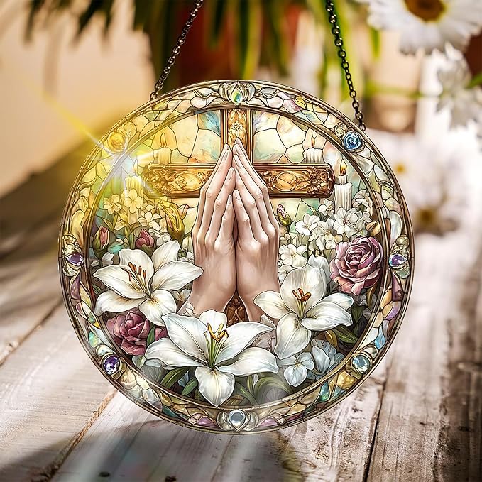 Bimkole Lily Stained Glass Suncatcher Window Hanging - Religion Indoor Window or Doorway Decoration - Handmade Sun Catcher Decor for Garden Home Christmas & Birthday Gifts 7.87x7.87 inch