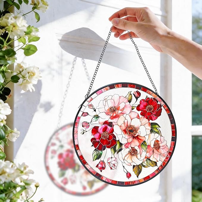 Stained Glass Window Hanging, Pink Flower Sun Catchers for Windows Hanging Ornaments, Garden Sun Catcher Panel Gifts for Flower Lover for Women, Mom, Grandma