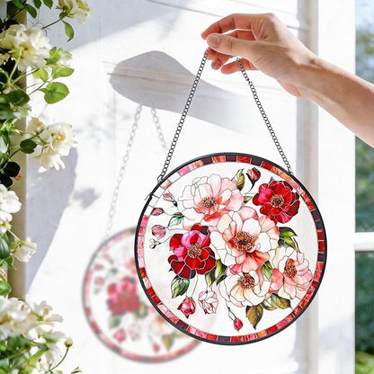 Stained Glass Window Hanging, Pink Flower Sun Catchers for Windows Hanging Ornaments, Garden Sun Catcher Panel Gifts for Flower Lover for Women, Mom, Grandma
