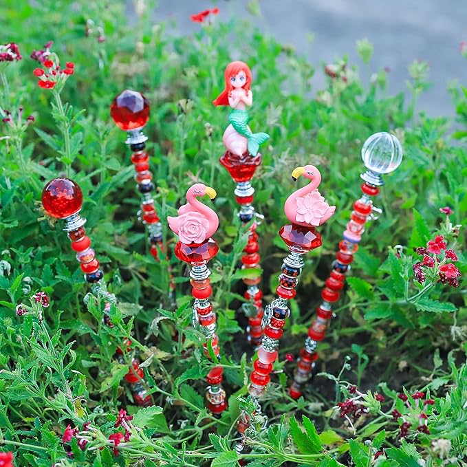 AIPRIDY 158 Pcs DIY Fairy Wand Garden Stakes Kit,Multiple Color Scheme European Beads Crystal Diamond Tops and 12 or 10 Inch Threaded Rods,Stainless Steel Stakes with Diamond Toppe (Red)