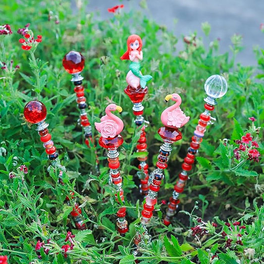 AIPRIDY 158 Pcs DIY Fairy Wand Garden Stakes Kit,Multiple Color Scheme European Beads Crystal Diamond Tops and 12 or 10 Inch Threaded Rods,Stainless Steel Stakes with Diamond Toppe (Red)