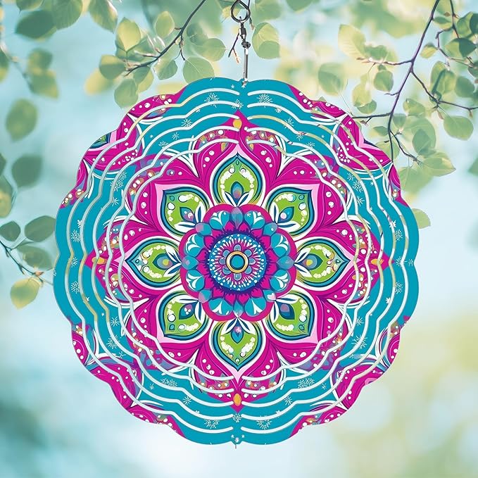 Wind Spinners Outdoor, Hanging Wind Spinner for Garden Decoration, 8 inch 3D Stainless Steel Metal Wind Sculpture for Indoor/Outdoor Decor, Mandala B