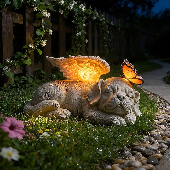 WONDER GARDEN Sleeping Dog Angel Statue with Solar Light - Pet Memorial Stone, in Memory of Dog, Marker Tribute Statues, Resin Guardian Angels, Bereavement Gift