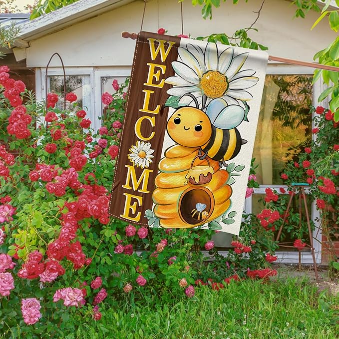 Dyrenson Welcome Spring Summer Bumble Bee 28 x 40 House Flag Double Sided, Daisy Flower Honeycomb Garden Yard Decorations, Farmhouse Honey Floral Burlap Outdoor Decor Decorative Large Flag