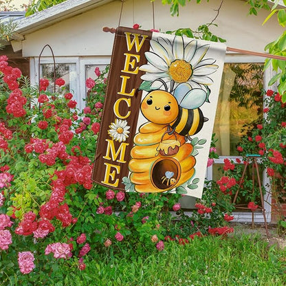 Dyrenson Welcome Spring Summer Bumble Bee 28 x 40 House Flag Double Sided, Daisy Flower Honeycomb Garden Yard Decorations, Farmhouse Honey Floral Burlap Outdoor Decor Decorative Large Flag