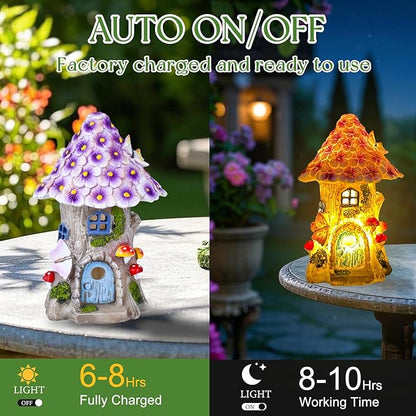 Fairy Garden House Outdoor Figurine Lights, Fairy Houses for Outside, Garden Statues Mushroom House, for Patio, Yard, Balcony Decoration, Outdoor Decorations Yard and Birthday Gifts for Mom Women