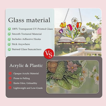 Stained Glass Book for Windows, bookand Flower Hanging Sun Book Indoor Window, Theme Birthday Gifts for hummingbirding Lovers