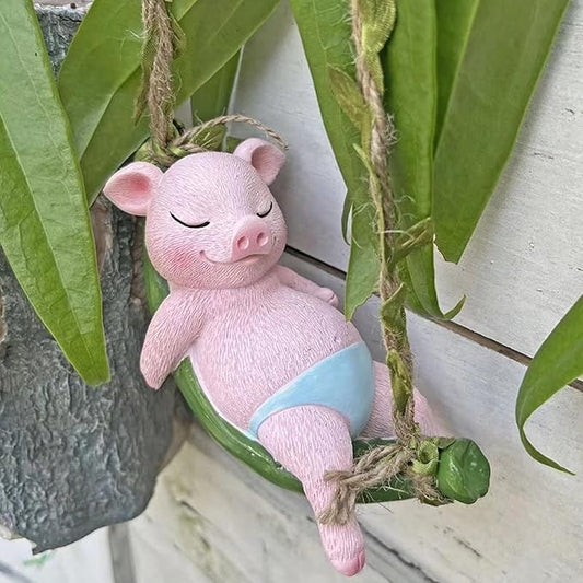 Swing Pig Figurine Statues for Garden Decor, Hanging Hammock Sleeping Pig Tree Hanger for Yard Garden Indoor Outdoor Home Decoration