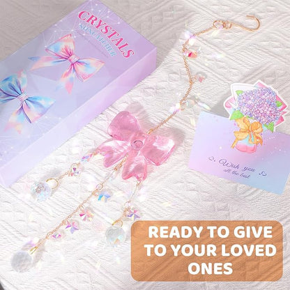 Crystal Suncatchers for Window Pink Bow Ornaments Hanging Clear Wind Chime with Chains for Garden Wedding Girls Mom Room Decor Xmas DIY Gift