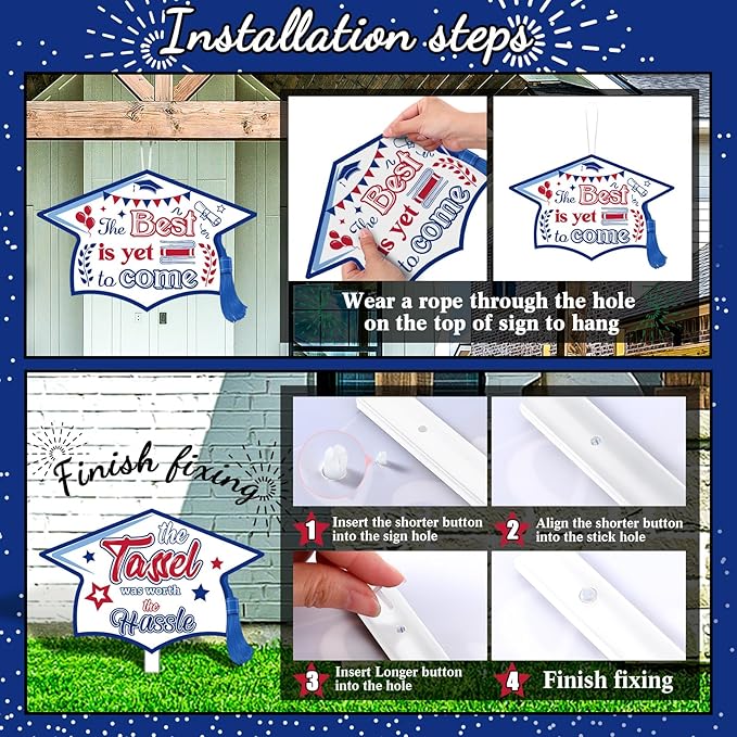 Chunful 12 Pack Graduation Yard Signs Grad Decoration 2026 Happy Graduate Lawn Garden Sign with Stake Congrats Outdoor Plastic Cap Hanging Ornament for Class Pathway Walkway Porch Party(Red Blue)