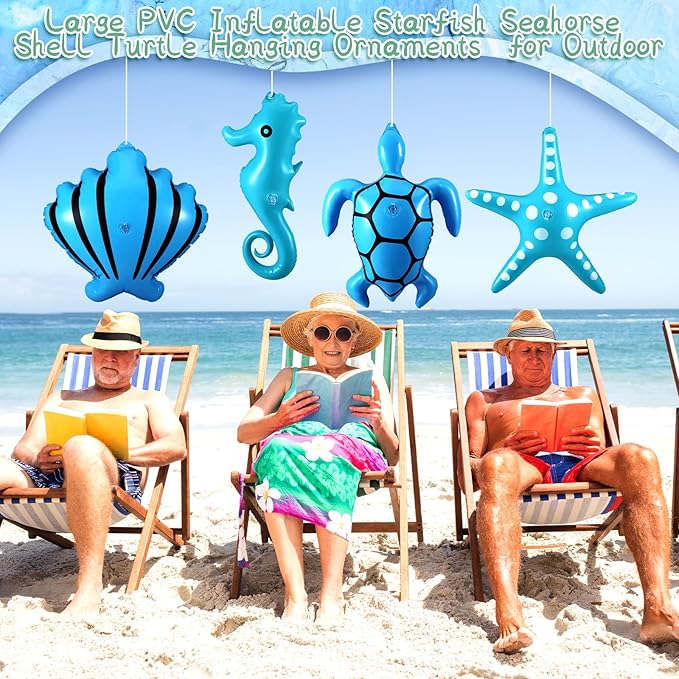 12 Pcs Summer Inflatables Outdoor Decorations Large Inflatable Starfish Seahorse Shell Turtle Hanging Ornaments Beach Party Decorations Giant PVC Ocean Animals Yard Decor for Indoor Outdoor