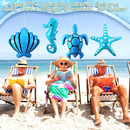 12 Pcs Summer Inflatables Outdoor Decorations Large Inflatable Starfish Seahorse Shell Turtle Hanging Ornaments Beach Party Decorations Giant PVC Ocean Animals Yard Decor for Indoor Outdoor