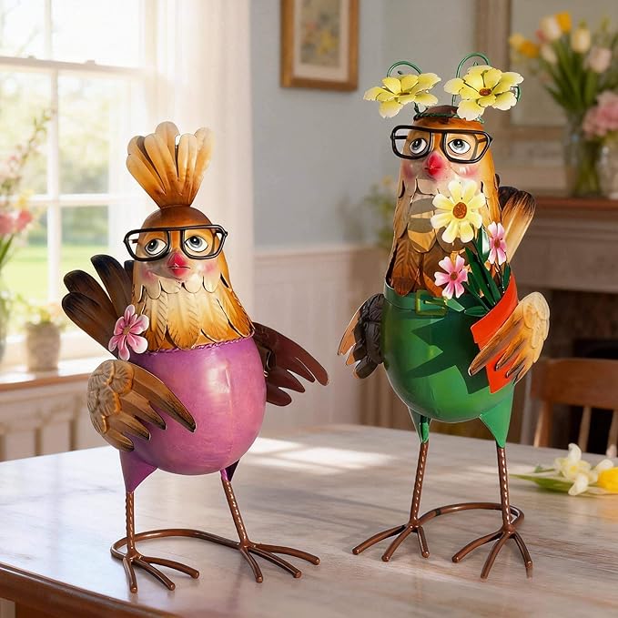 Natelf Metal Rooster & Hen Outdoor Statues Home Decor Hand-Painted Chicken Sculptures with Flower for Home Patio Lawn Backyard Farmhouse Kitchen Weather-Resistant Garden Ornament Gift Set