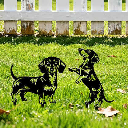 GLOBLELAND 2 Pcs Dachshund Garden Stakes for Yard Decor Dog Silhouette Metal Stakes Funny Animals Statues Lawn Signs for Dog Lovers Outdoor Party Patio Landscape Decor