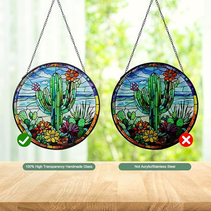 Cactus Stained Glass Window Hanging Suncatcher with Chain - 7.9" Arizona Outdoor/Indoor Art Decor for Home Garden, Thanksgiving, Wedding, Mother's, Valentine's & Christmas Ornaments Present