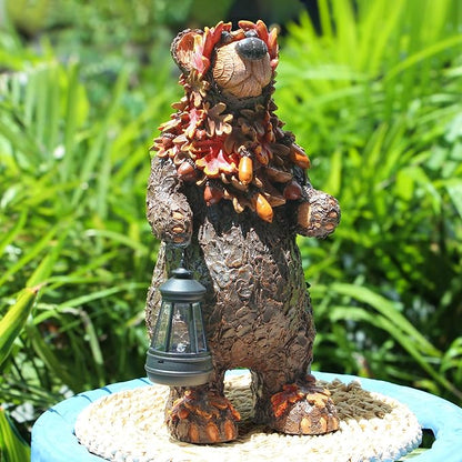 YMXYJM Solar Garden Statue Bear Figurine, Garden Art Outdoor Statues with Solar Lantern, Loving Bear for Patio, Balcony, Yard, Lawn, Unique Housewarming Gifts