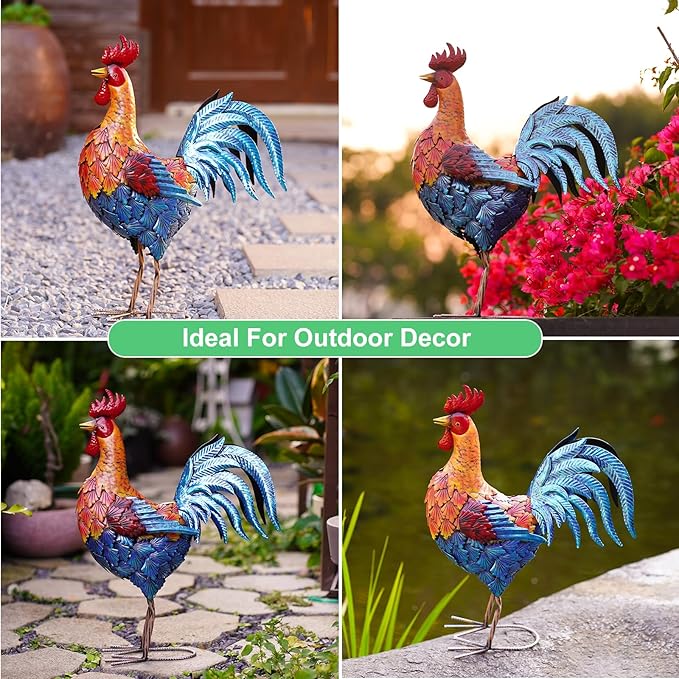 Goodeco Garden Rooster Outdoor Statue - 21 Inch Yard Decor, Perfect Gardening & Housewarming Gifts, Home and Outdoor Red Rooster Decor - Stylish Metal Design