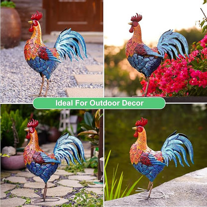 Goodeco Garden Rooster Outdoor Statue - 21 Inch Yard Decor, Perfect Gardening & Housewarming Gifts, Home and Outdoor Red Rooster Decor - Stylish Metal Design