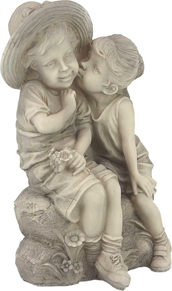 Design Toscano Boy and Girl Garden Decor Statue ,14 Inch, Polyresin, Antique Stone