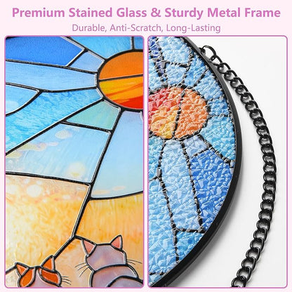 Stained Glass Window Hanging, Cat and Sunset Circular Painted Glass Suncatcher with Chain & Suction Cup for Home Garden Door Decor, Birthday for Women Men Mom 7.8 in