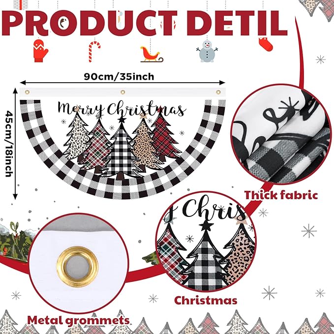 FuWeave Christmas Black and White Buffalo Plaid Bunting Fan Flag for Outside 1.5 x 3 ft Plaid Xmas Trees Hanging Flag Banner Pleated Buntings Winter Holiday for Christmas Garden Decor
