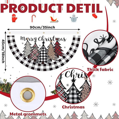 FuWeave Christmas Black and White Buffalo Plaid Bunting Fan Flag for Outside 1.5 x 3 ft Plaid Xmas Trees Hanging Flag Banner Pleated Buntings Winter Holiday for Christmas Garden Decor