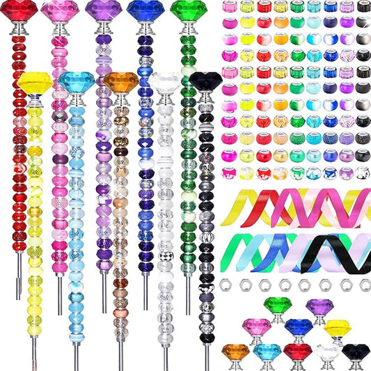 291 Pcs Beaded Garden Stakes Kit, DIY Fairy Wand Garden Stakes Beads Kit Colorful Large Hole Bead Crystal Stopper Top 10 Stainless Steel Threaded Rod Beaded Fairy Wands Supplies For Outdoor Decorative