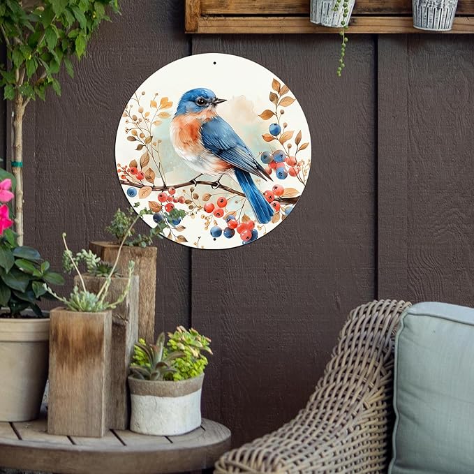 Vintage Blue Bird Watercolor Round Metal Sign Bird Sign Farmhouse Rustic Wreath Wall Decoration for Indoor Outdoor Home Porch Window Decor 12 Inch