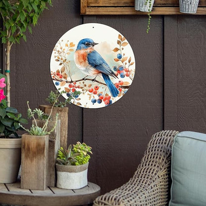 Vintage Blue Bird Watercolor Round Metal Sign Bird Sign Farmhouse Rustic Wreath Wall Decoration for Indoor Outdoor Home Porch Window Decor 12 Inch